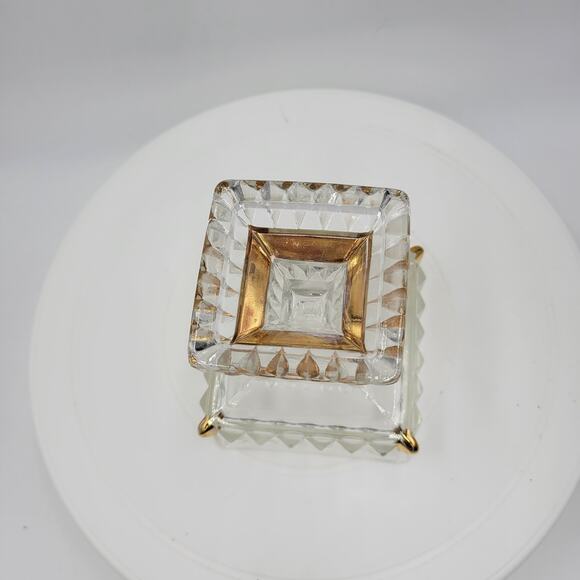 Vintage Jeannette Clear Glass Covered Pedestal Candy Dish 6" with Gold Trim USA - Picture 5 of 11